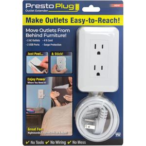 Ontel Presto Plug Outlet Extender for Relocating Unreachable Power Outlets, 4ft Cord, Sticks Easily on Wall, Provides Surge Protection, 2 AC Outlets, 2 USB Ports & Built-in Shelf