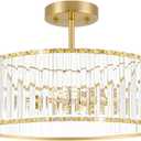 Modern Crystal Ceiling Light Fixture, Semi Flush Mount Ceiling Light, Brushed Brass Hallway Lighting Fixtures Chandelier, Crystal Chandelier for Kitchen Bedroom Dining Room Closet, 5-Light, 16 Inch