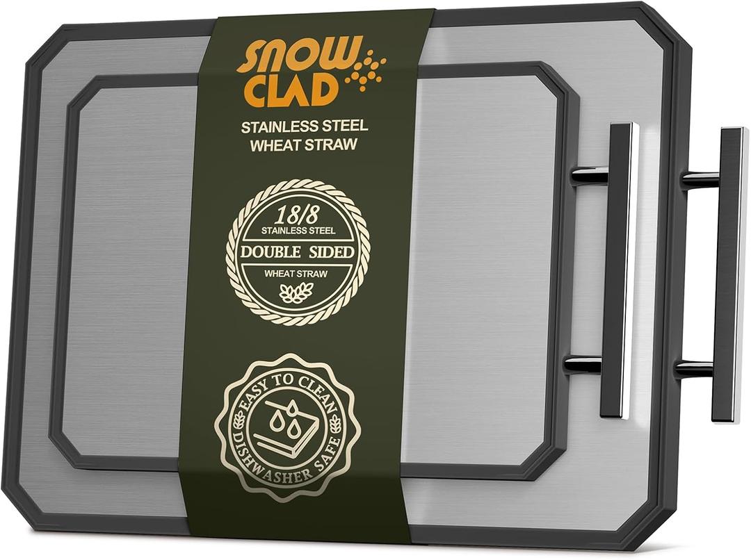 SNOWCLAD Stainless Steel Cutting Board,Double Sided Steel Cutting Board Set for kitchen,Stainless Steel/Wheat straw pp Large for meat,Dishwasher Safe [16 * 11+12 * 8.3 Inch]