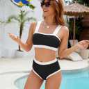 Women High Waisted Bikini Set- Color Block Two Piece Swimsuit Tummy Cotrol Bathing Suit Bandeau Top Coverage Bottom (Black, L)