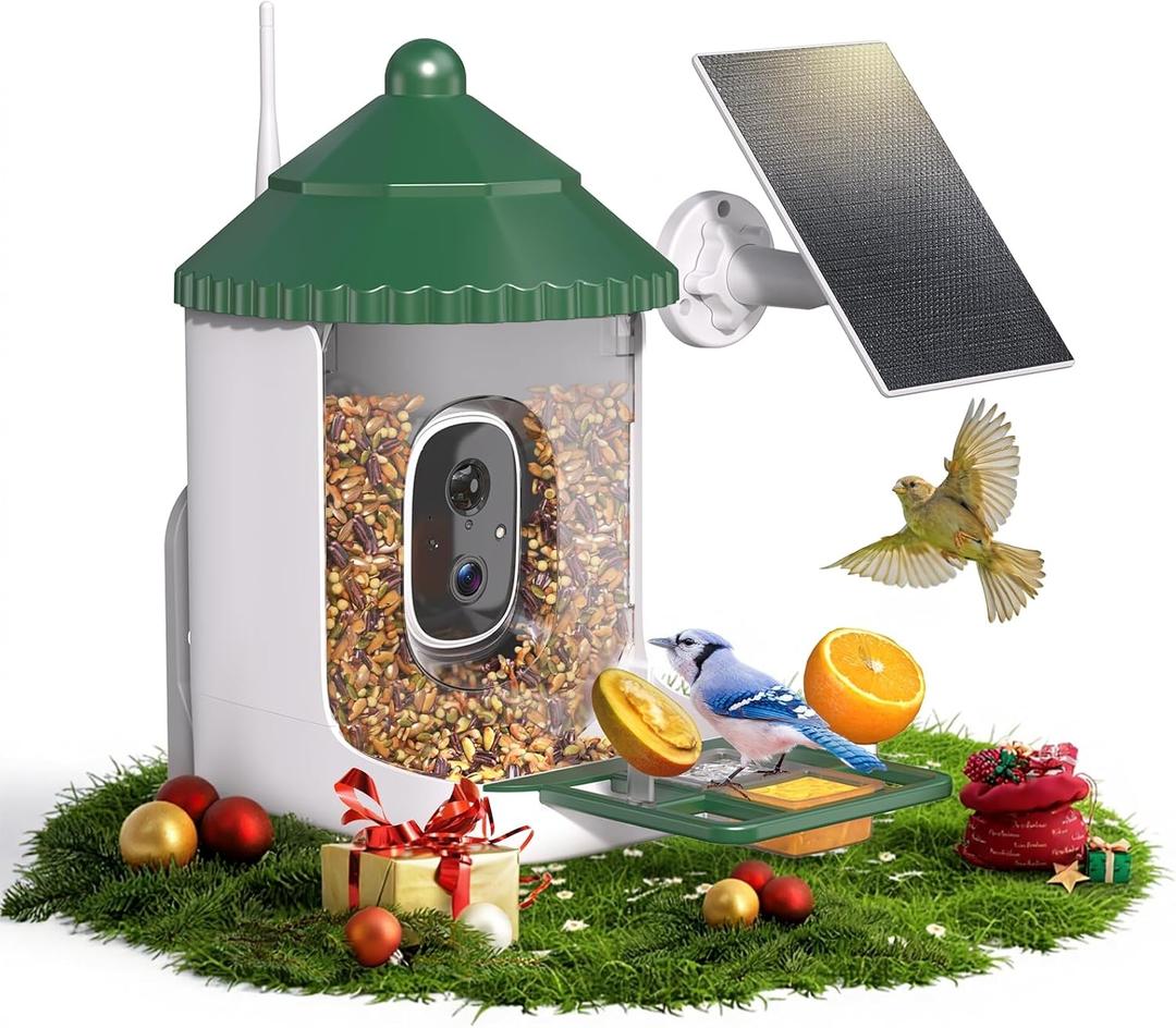 Bird Feeder with Camera AI Identify 2K Live Video Smart Bird Feeder with Camera, 2.4GHZ WiFi Solar Birds House Cameras, Motion Detection Instant Arrival Alerts, Ideal Present for Birds Lovers (Green)
