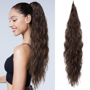 Ponytail Extension, Flexible Wrap Around Ponytail Extension Long Wavy Curly Ponytail Hair Extensions Natural pony tail Synthetic Hairpiece for Women 32 Inch (Dark Chocolate Brown)