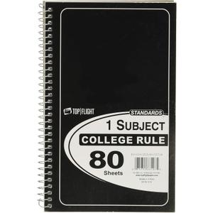 Top Flight Standards 1-Subject Wirebound Notebook, No Holes, 80 Sheets, College Rule, 8 x 5 Inches, 1 Notebook, Color May Vary (33107)