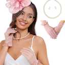 Ibeauti Fascinator Hats with Screentouch Lace Gloves Set for Women Tea Party Cocktail Wedding Derby Headwear Short Gloves (Pink)