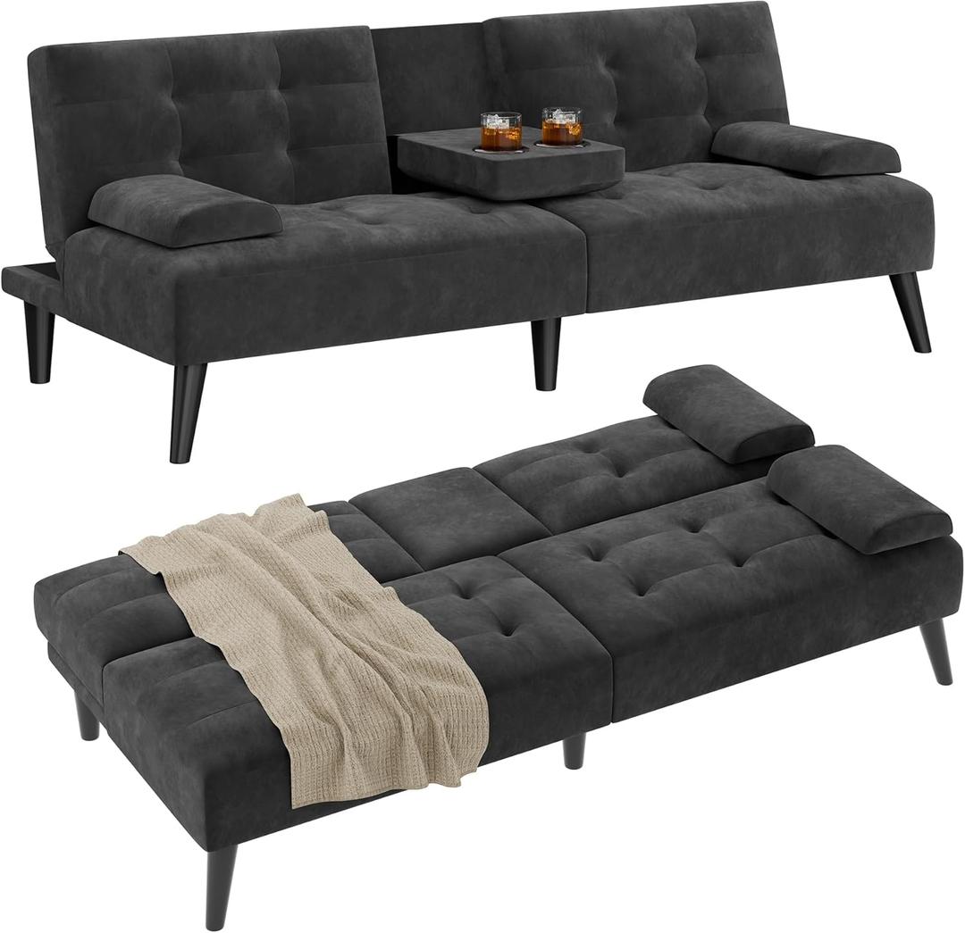 Shintenchi Futon Sofa Bed, Velvet Foldable Couch Reclining Sleeper w/Removable Armrests, Upholstered Loveseat w/Folding Cup Holders for Home, Office, Black