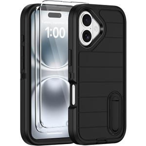 for iPhone 16 Case with Screen Protector, Heavy Duty Shockproof Drop Protection Military Grade Tri-Layer Full Covered Rugged Durable Cell Phone Cover with Built-in Invisible Kickstand 6.1" (Black)