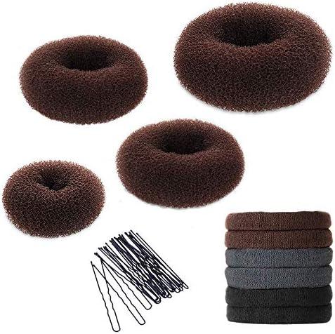 YaFex Hair Bun Maker Kit, Donut Bun Maker 4 Pieces (Large, Medium and Small), 6 Pieces Elastic Hair Ties, 20 Pieces Hair Bobby Pins, Brown