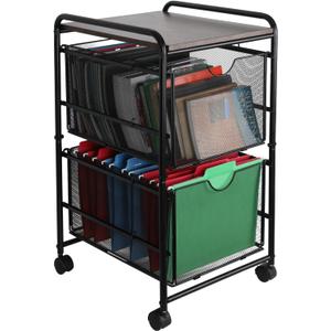 EasyPAG Rolling File Cart on Wheels Under Desk Storage Mobile Filing Cabinet 2 Pull-out Hanging File Holder Drawer for Letter Size Folders, Metal Frame with Wood Top, Black