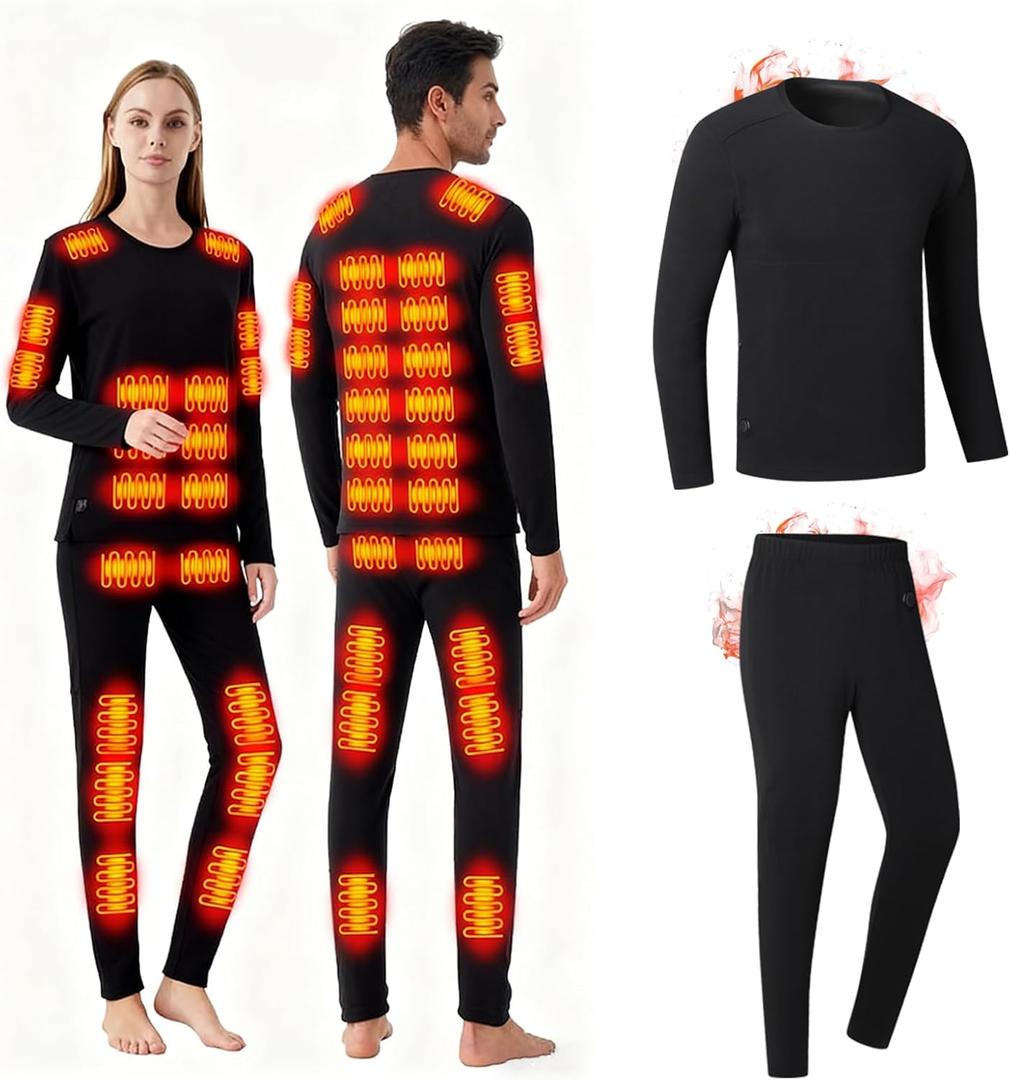 Heated Thermals Underwear Men Women: 42 Heating Zones Electric Thermal Long Johns Pants Set USB Base Layer (Large, Black)