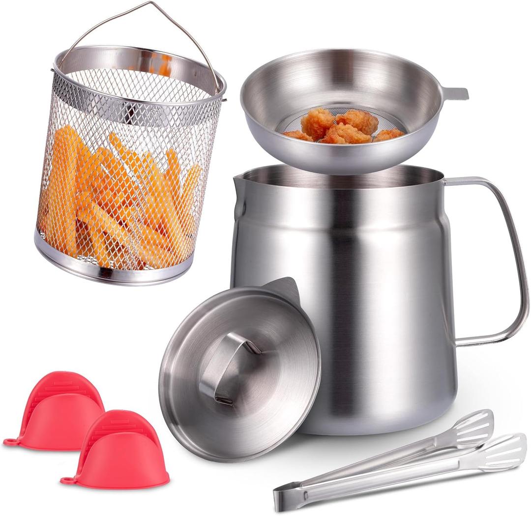 Oil Filter Pot with Basket, 68oz 304 Stainless Steel Fryer with Mesh Strainer and Basket, Includes Silicone Heat Resistant Gripper & Stainless Steel Tongs for Easy Cleaning