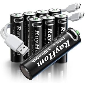 RayHom USB Rechargeable AA Lithium Batteries - 4 Pack Double A Li-ion Batteries, 1.5V 3400 mWh, Charges 1.5 Hours, with 2 USB-C 2-in-1 Charging Cable, Over 1000+ Cycles
