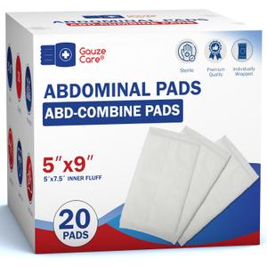 GauzeCare Sterile Abdominal Pads 5x9 inch 20-Pack | Extra Absorbent & Thick, Individually Packed Combine Pads with Non-Stick Outer Layer for Heavy Bleeding Wounds | Perfect for First Aid Kits (IFAKs)