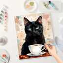 Animal Portrait Paint by Numbers Kit for Adults - DIY Black Cat and Coffee Painting on Canvas, Acrylic Paint Set, Suitable for Beginners, Cozy Art for Home Decoration or Gifts(16X20IN Framed)