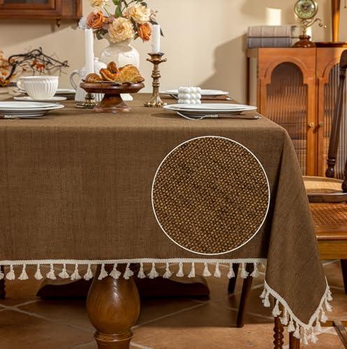 AmHoo Linen Blend Tablecloth Table Cloth 280 GSM Stitching Tassel Rectangle Decorative Natural Table Cover for Kitchen Dinning Wedding Buffet 55×55 inch Brown