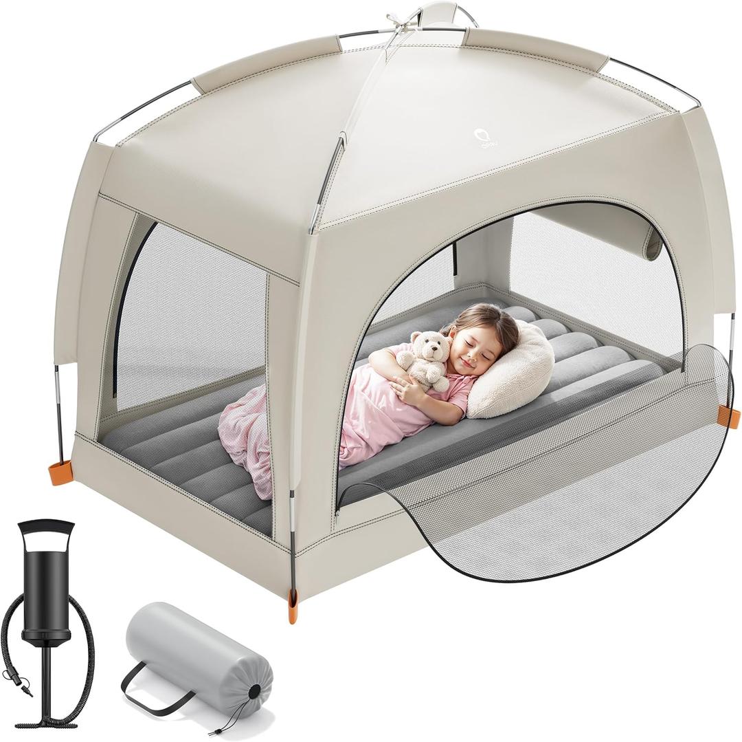 QPAU Inflatable Toddler Travel Bed with Tent  Lightweight Blow Up Kids Air Mattress with Hand Pump  Indoor & Outdoor Portable Sleeping Solution for Camping, Travel, Home, Grandmas  Ages 3+ (A-Khaki Gray)