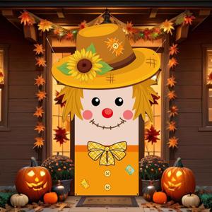 Fall Door Cover Scarecrow Shape Door Decorations Harvest Autumn Thanksgiving Backdrop Sunflower Scarecrow Banner Backdrop for Autumn Thanksgiving Home Decor Fall Photo Booth Props