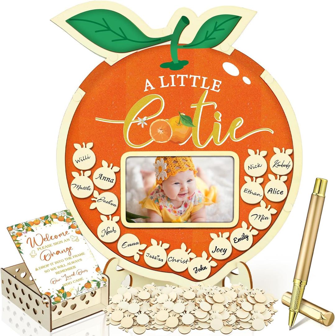 Wenqik 63 Pcs Little Cutie Baby Shower Guest Book Alternatives Set Baby Shower Decorations with Photo Frame Sonogram Frame Keepsake 60 Wood Slices Guest Book for Birthday