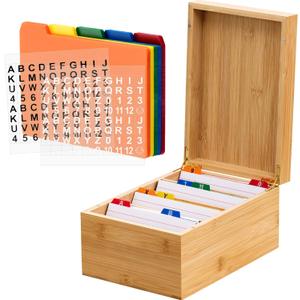 Henoyso 4 x 6 Inches Index Card Holder Set, Bamboo Recipe Box Organizer Index Cards Organizer, 50 Pcs Dividers 2 Sheets Alphabet Number Stickers File Note Holders for Office Business Home Kitchen (Wooden Color)