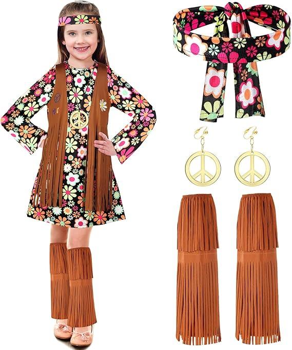 Haysandy Kids Hippie Costume Set 60s 70s Hippie Dress Peace Sign Party Accessories for Carnival Halloween Cosplay Party
 (9-10 Years, Brown)