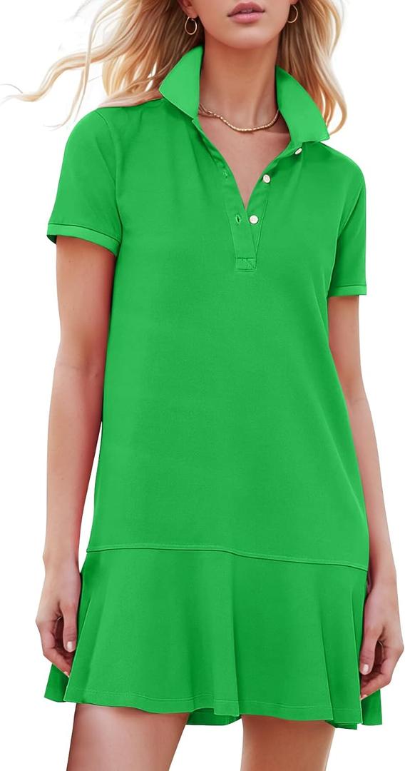 Kissonic Women's Polo Dress Short Sleeve V Neck Ruffle Hem Casual Summer Golf Tennis Mini Shirt Dresses, S