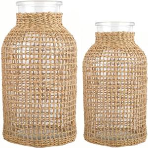 DOITOOL Glass Flower Vase With Rattan Cover, Round Decorative Woven Seagrass Farmhouse Floral Container for Arrangement Table Centerpiece Decor (Size S+L)
