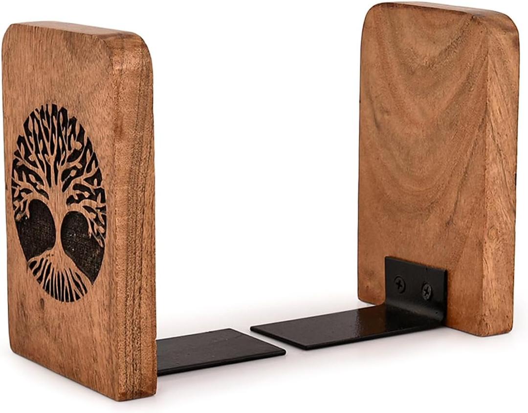 2 x Decorative Bookend Iron & Acacia Wood | Desktop Organize Book Ends for Decorative Accessories for Bookshelf to Hold Books Firmly (4" X 4" X 6") (Set of 2)