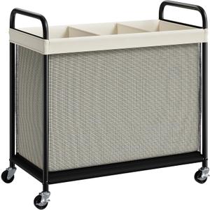 ELYKEN Laundry Hamper 3 Section, 120L Rolling Laundry Sorter with Removable Liner Bag, Laundry Basket with Wheels, Steel Frame with Metal Handle, Clothes Hamper Cart for Laundry Room & Bedroom (Beige)