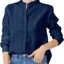 Women's Mandarin Collar Button-Down Shirts Casual Cotton Long Sleeve Blouses (XX-Large, 00057_ Navy Blue)
