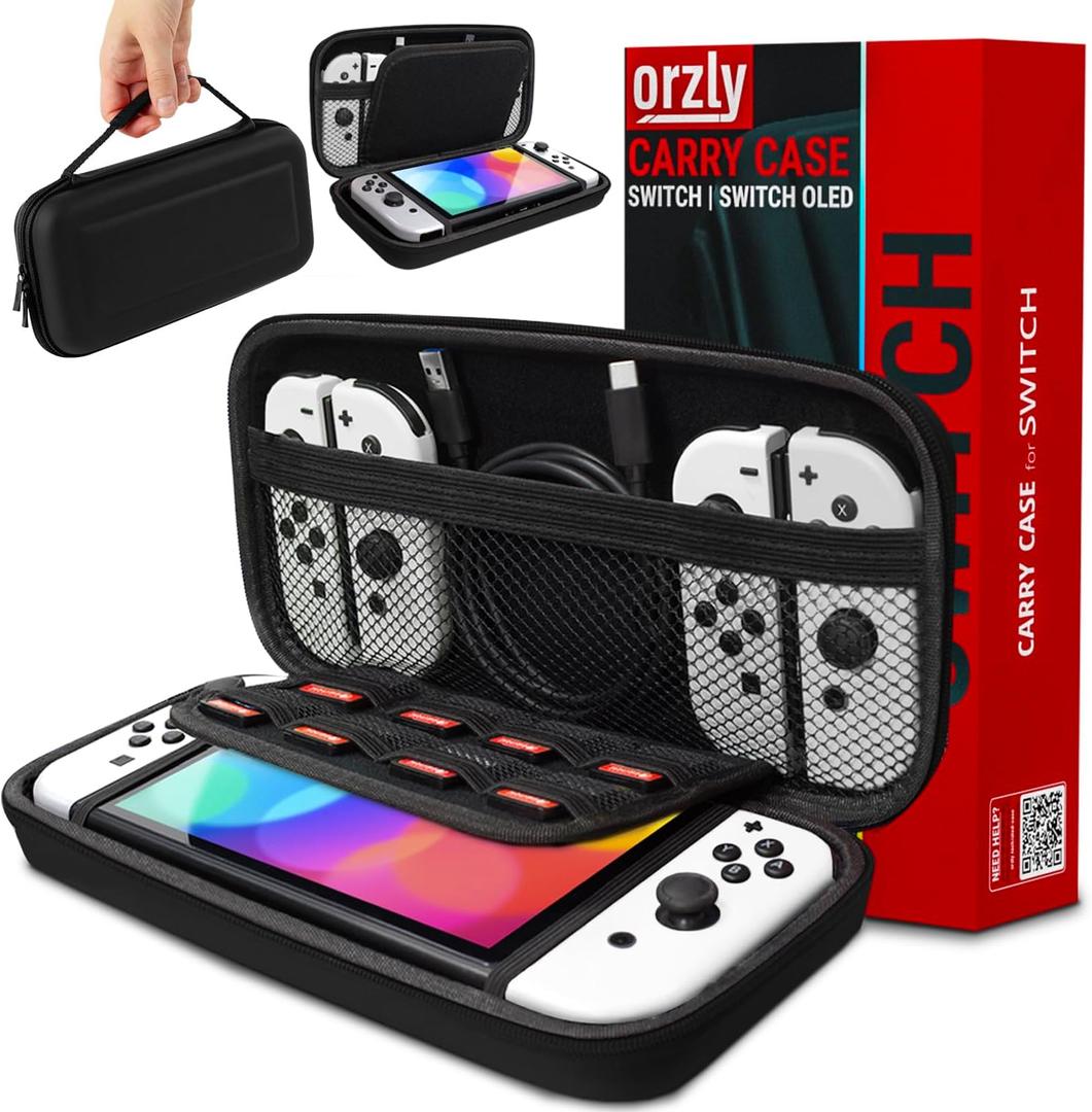 Orzly Carry Case Compatible with Nintendo Switch and New Switch OLED Console -Protective Hard Portable Travel Carry Case Shell Pouch with Pockets for Accessories and Games (BLACK)
