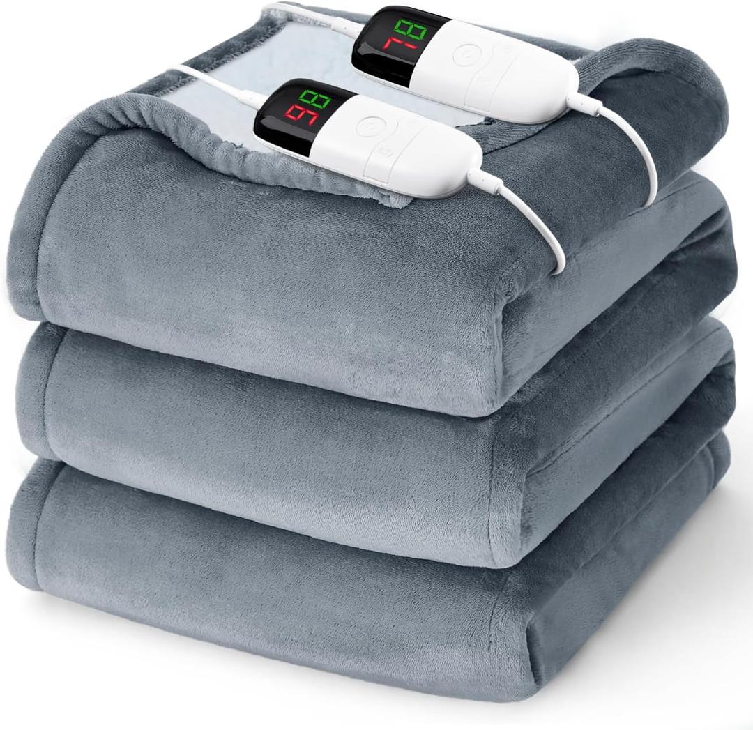 Heated Electric Blanket Queen Size - 84" x 90" Heating Blanket with Dual Control, 10 Levels & 8 Hours Auto Off, Soft Warm Flannel Gift with Over-Heat Protection, ETL & FCC Certified (Ash Gray)