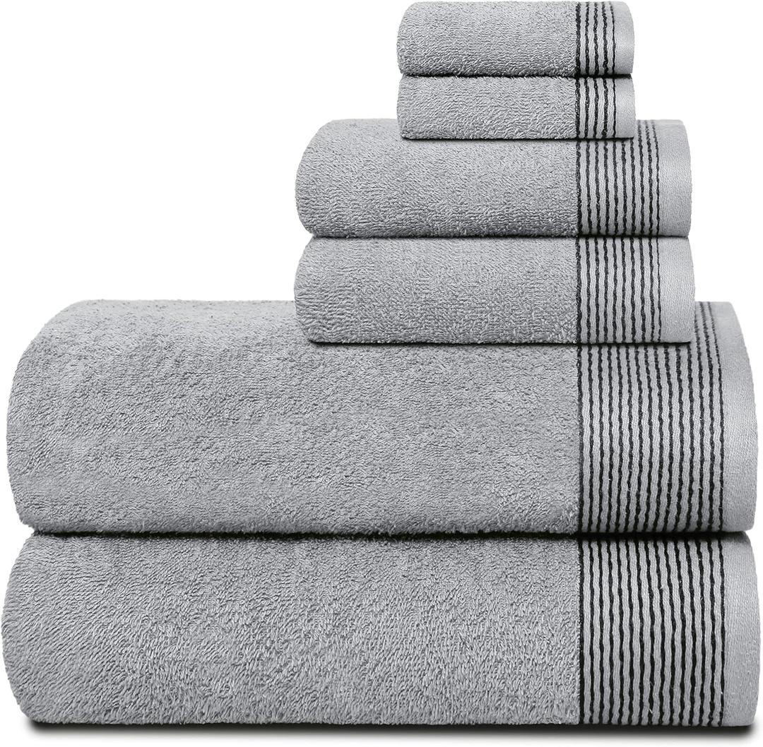 Belizzi Home 100% Cotton Ultra Soft 6 Pack Towel Set, Contains 2 Bath Towels 28x55 inchs, 2 Hand Towels 16x24 inchs & 2 Washcloths 12x12 inchs, Compact Lightweight & Highly Absorbant - Light Grey