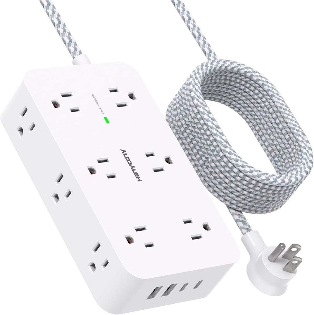 Extension Cord 10 Ft, HANYCONY Surge Protector with 12 Outlets 4 USB Ports (2USB C), Large Desk Power Strip with Long Cord, Flat Plug, Wall Mount for Office Home College Dorm Room Essentials, White