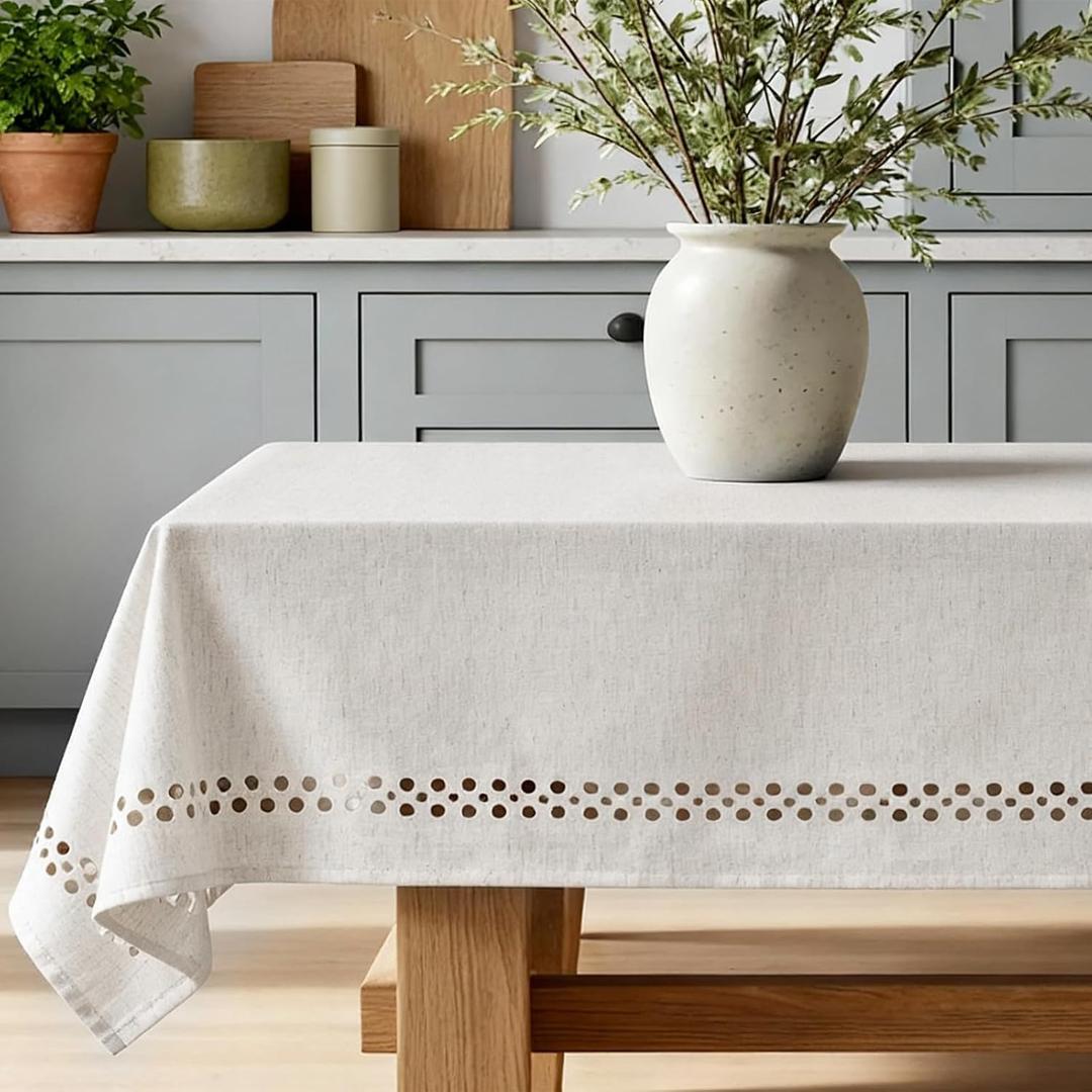 Natural Cotton Linen Tablecloth, Rectangle Tablecloth with Decorative Cutouts, Stain Resistant & Wrinkle Free Table Cover for for Dining Table, 84" x 60"