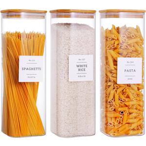 3 Pack Square Kitchen Storage Jars with Airtight Bamboo Lids and 132 Pantry Labels - 80oz Glass Canisters with Wood Lids - Food Storage Containers for Spaghetti, Pasta, Fettuccine