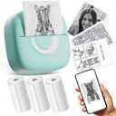 Cabaro Mini Printer Sticker Thermal Printer with 3 Rolls Paper, Bluetooth Portable Phone Print Pods,Study Sticker Maker for Pictures, Photos, Journals, DIY, Compatible with Phone & Tablet (green)