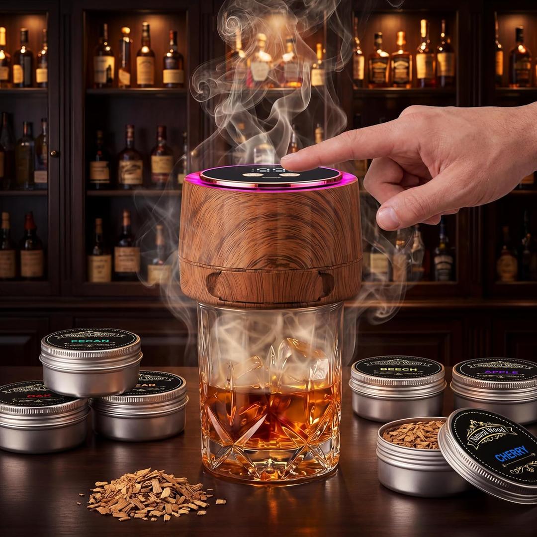 Electric Whiskey Smoker Kit - Rechargeable Cocktail Smoker with 6 Wood Chip Flavors - Smoke Infuser for Old Fashioned & Bourbon Cocktails - No Butane Needed - Fathers Day Gift for Men (Rich Oak)