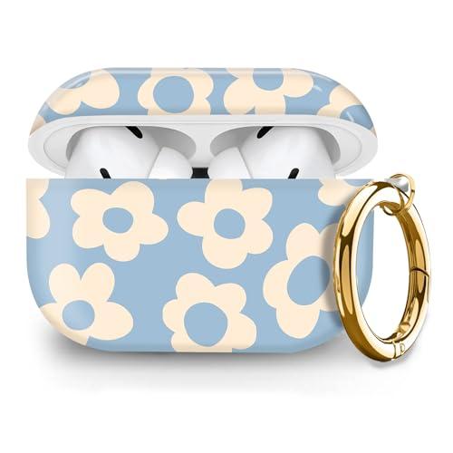 Compatible with Airpod pro 2nd/1st Generation Case Cover with Gold Round Keychain Cute Pattern Hard & Anti Slip Cover for Men Women & Girls(Blue Flower)