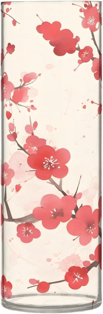 Flower Vase for Centerpieces, Plum Blossoms Flower Red Plastic Cylinder Vase, Clear Bud Vases for Home Wedding Office Table Decor (A1839)