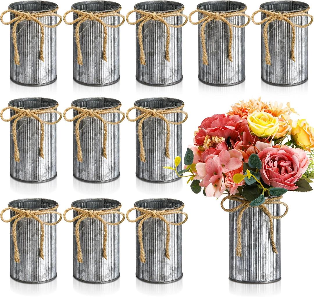 Domensi 4.33 Inch Petite Farmhouse Vase Decor Vintage Flower Vase with Twine Bow Rustic Galvanized Metal Buckets for Artificial Flowers for Table Centerpiece Weddings(Iron Color,12 Pcs)
