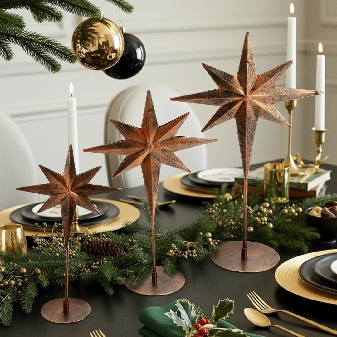 Pinkunn 3 Pcs Christmas Table Decorations Metal Primitive Rustic Bethlehem Star Set Bronze Rusty Star Tabletop Centerpiece Decor for Xmas Party Vintage Farmhouse Mantel Fireplace Table Supplies