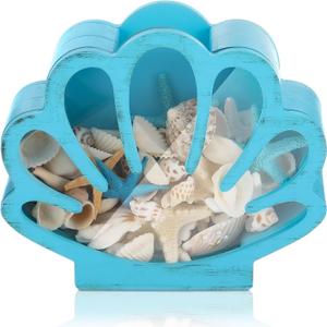 Seashell Holder Seashell Display Box Wooden Small Starfish Shell Display Case with Acrylic Clear Window Shark Tooth Collection Box for Shells Sea Rock Home Decor Present(Blue,Shell)