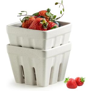 Gomakren Ceramic Berry Basket Set of 2, Square Fruit Bowls with Holes, Rustic Fruit Basket Containers for Kitchen, Berries, Strawberry, Grape, Cherry - Cream White (4.0 Inch)