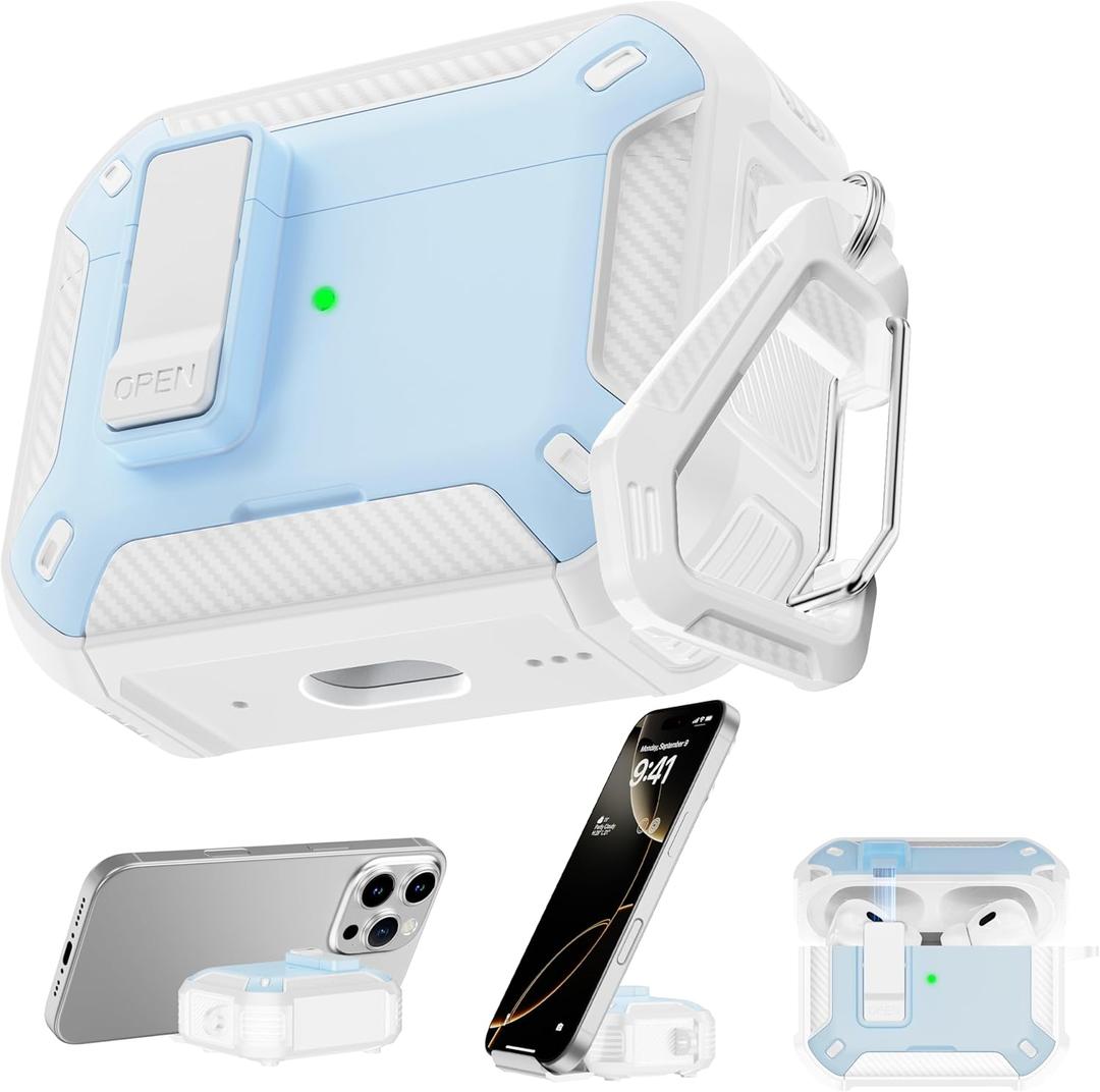 RFUNGUANGO Compatible with Airpods Pro Case 2nd / 1st Generation Protective Case, Compatible with MagSafe, with Cleaning Kit & Keychain,Phone Stand,Magnetic Automatic Lock, Visible LED, White-Blue