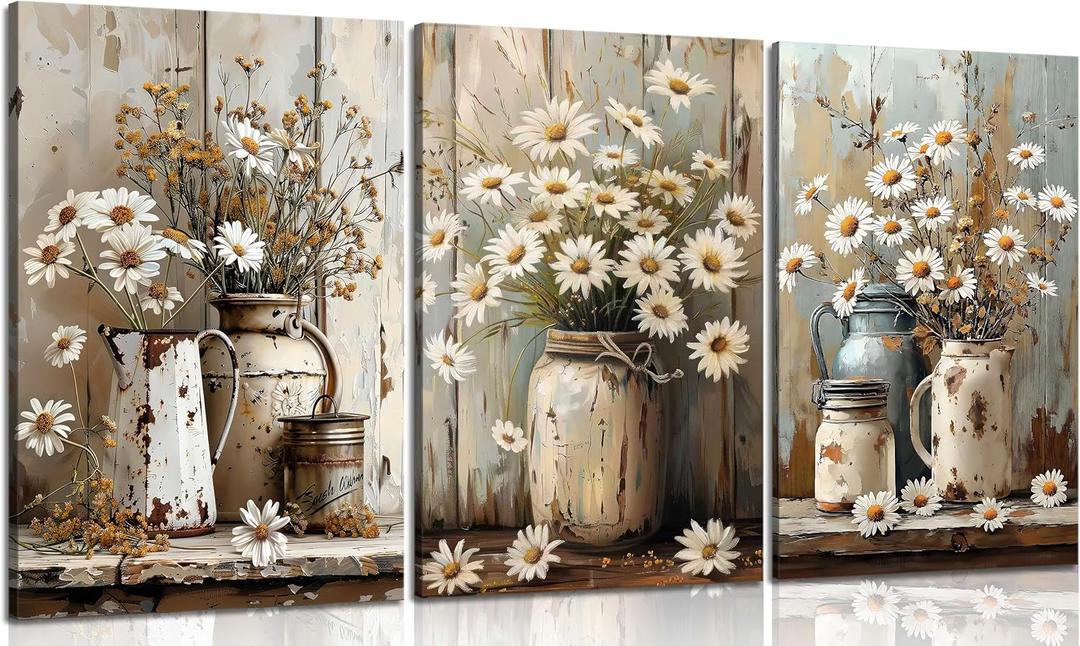 3Pcs Farmhouse Daisy Canvas Wall Art Vintage Rustic Flower Posters Paintings Floral Still Life Pictures Wall Decor Country Themed Daisy Prints for Living Room Bedroom Kitchen Home Framed, 24Lx16W" Canvas