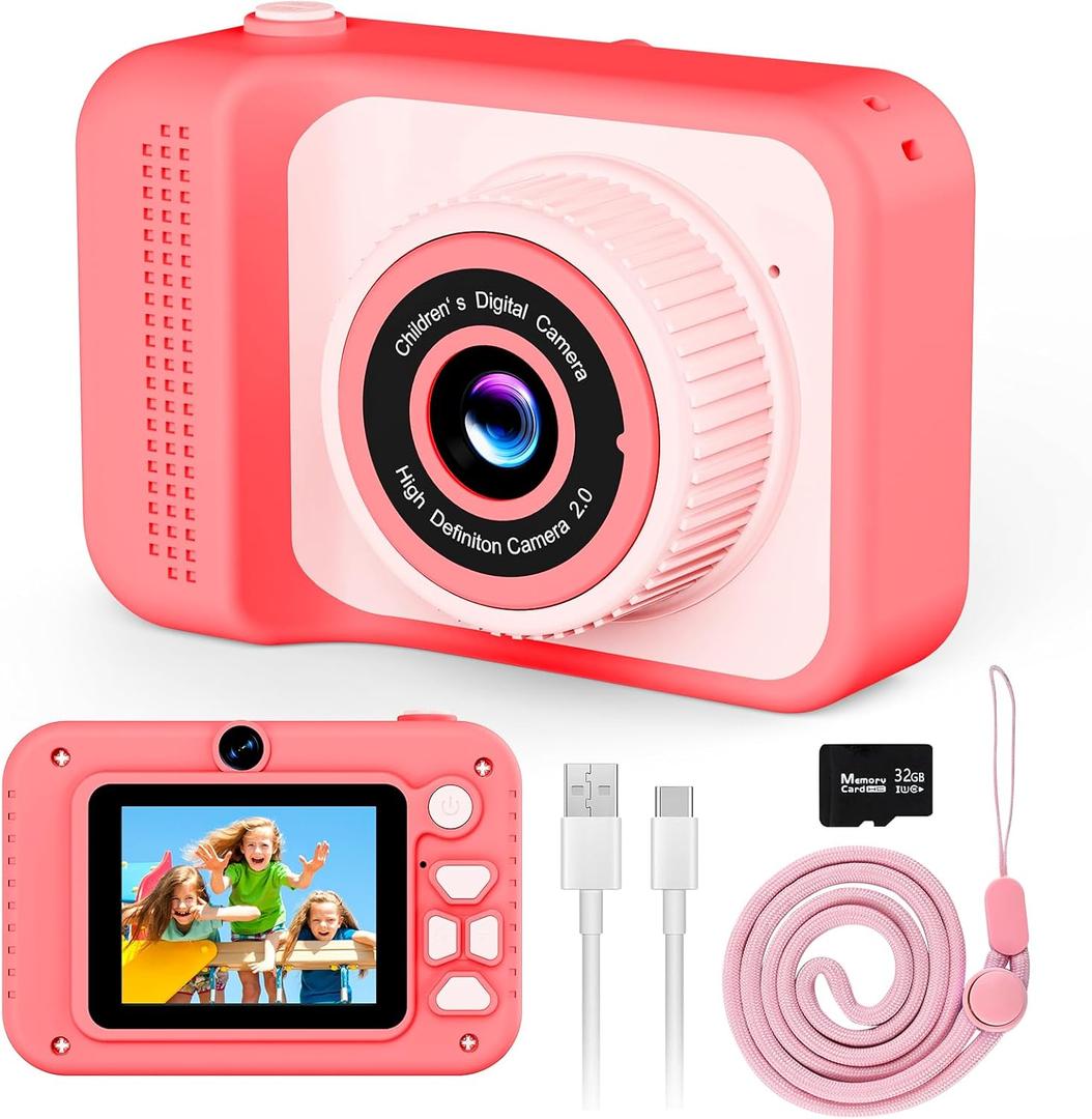 Kids Camera, 1080P Portable HD Digital Camera with 32G SD Card, Best Party Toys Birthday Gifts for Boys Girls 5 6 7 8+ Year Old - Pink