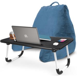 Nestl Reading Pillow with Portable Laptop Lap Desk - Shredded Memory Foam Back Support Pillow for Sitting Up in Bed and Couch Rest Pillows with Arms, Bed Tray Table with Foldable Legs, Blue Heaven