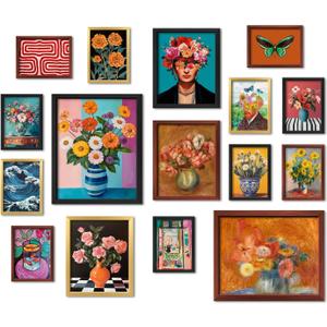16 PCS Framed Eclectic Wall Art Decor, Mid Century Modern Maximalist Home Gallery Wall Frame Set Prints for Bedroom Bathroom, Colorful Posters for Living Room Aesthetic, Floral Artwork Collage Kit (12"x15" Framed, Maroon)