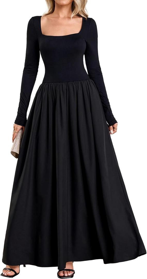 Women Long Sleeve Fall Maxi Dress Casual Square Neck Wedding Guest Long Formal Dress with Pockets (Black, S)