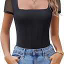 Avidlove Women's Short Sleeve Bodysuits Sexy Square Neck Body Suit Mesh Double Lined Tshirt Leotard Tops Going Out Black M