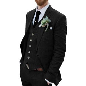 Wehilion Retro Linen Men Suit Beach Wedding Suit Summer Slim Fit 3 Pieces Light Weight Linen Suit Jacket Vest Pant Tuxedo (Large, Black)